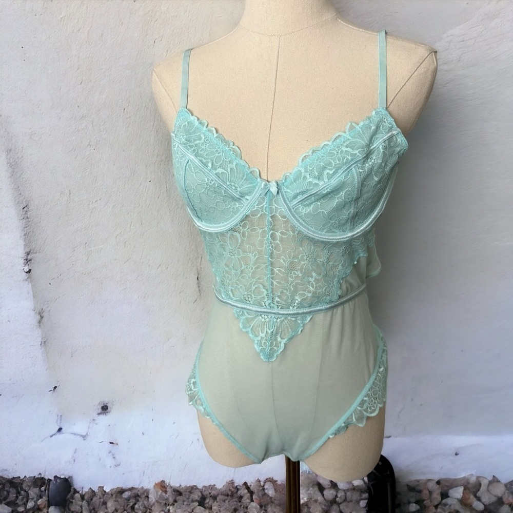 La vie en rose baby blue  pastel teddy lace bodysuit coquette M